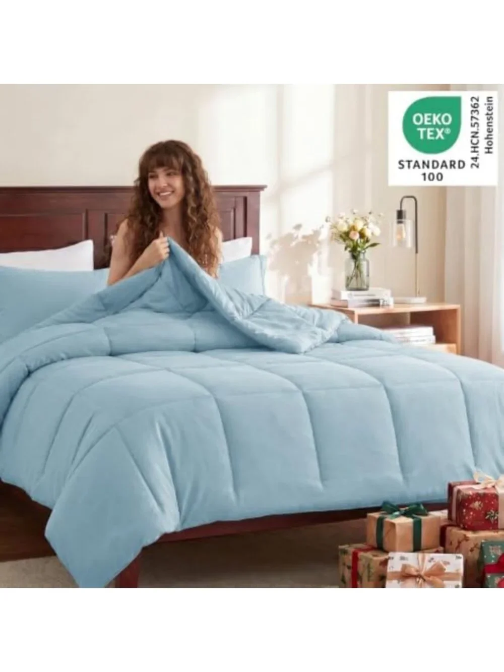 Cozy King Size 3-Piece Comforter Set - Box-Stitched Design, Light Blue Bedding